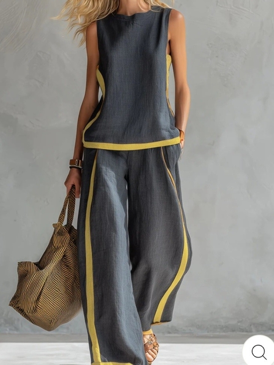 Other - Sleeveless Gray Wide-Leg Jumpsuit with Yellow Trim Size Xl